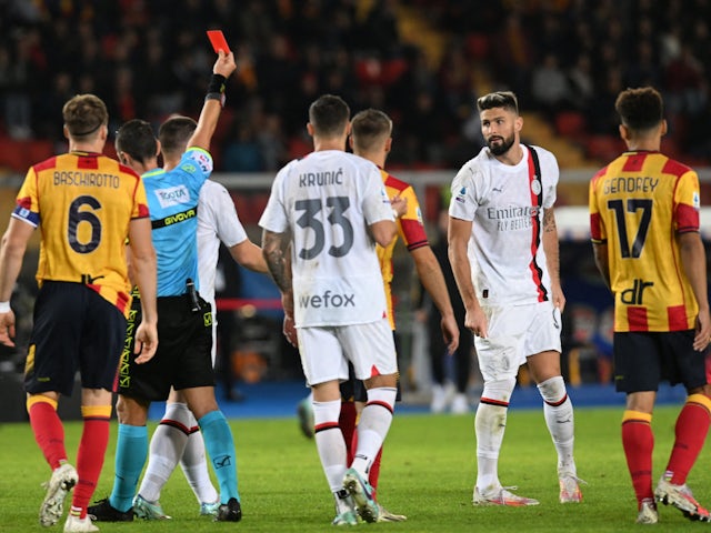 AC Milan's Olivier Giroud is shown a red card by referee Rosario Abisso on November 11, 2023