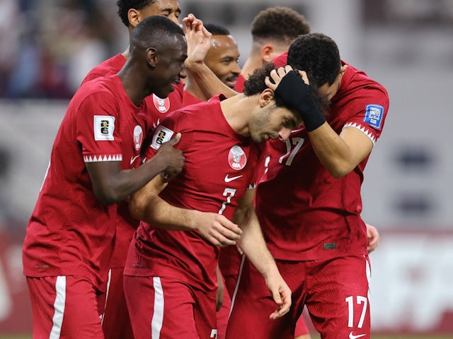 Qatar's Ahmed Alaaeldin celebrates scoring their seventh goal with teammates on November 16, 2023