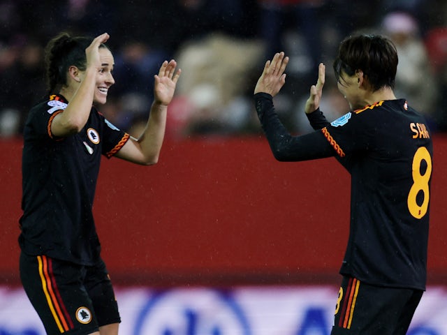 AS Roma Women's Saki Kumagai celebrates with teammate after the match on November 15, 2023