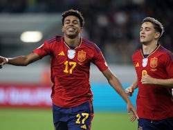 Spain's Lamine Yamal celebrates scoring their first goal with Gavi on November 16, 2023