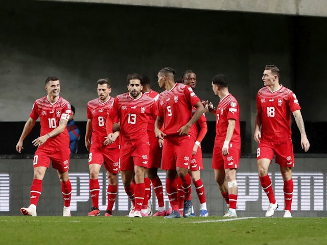 Switzerland's Ruben Vargas celebrates scoring their first goal with teammates on November 15, 2023