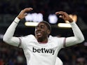 West Ham United's Divin Mubama celebrates after Burnley's Dara O'Shea scores an own goal on November 25, 2023