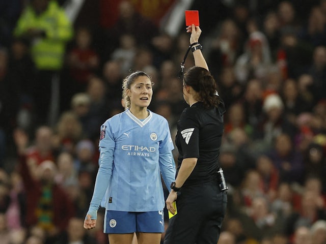 Manchester City Women's Laia Aleixandri is shown a red card by referee Cheryl Foster on November 19, 2023