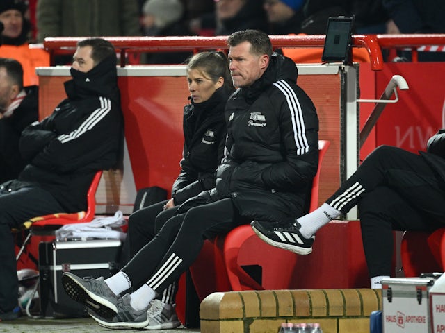Union Berlin coach Marco Grote and assistant coach Marie-Louise Eta are pictured during the match on November 25, 2023