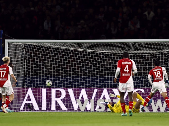 Monaco's Takumi Minamino scores their first goal on November 24, 2023
