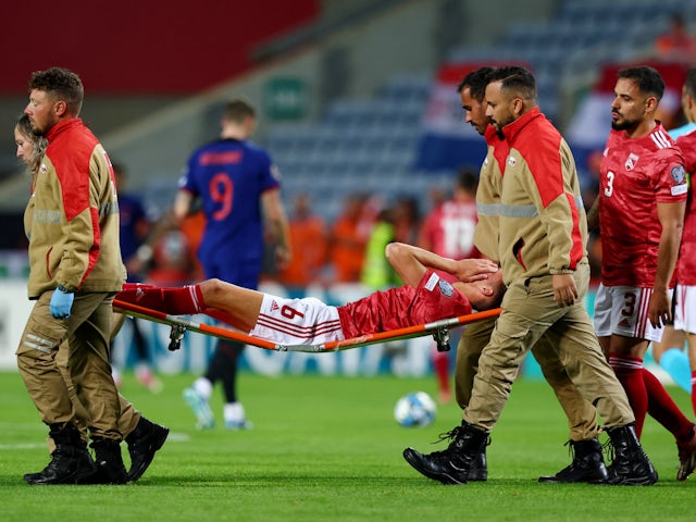 Gibraltar's Nicholas Pozo is carried off on a stretcher after sustaining an injury on November 21, 2023