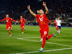 North Macedonia's Enis Bardhi celebrates scoring their first goal on November 20, 2023