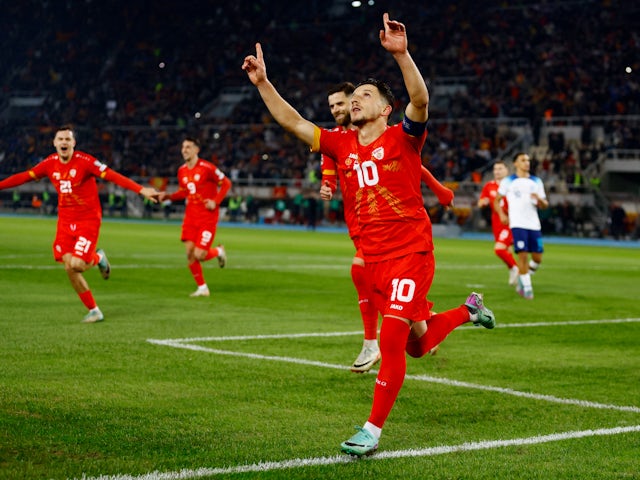 North Macedonia's Enis Bardhi celebrates scoring their first goal on November 20, 2023