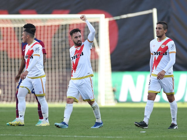 Rayo Vallecano's Unai Lopez celebrates scoring their first goal on November 25, 2023