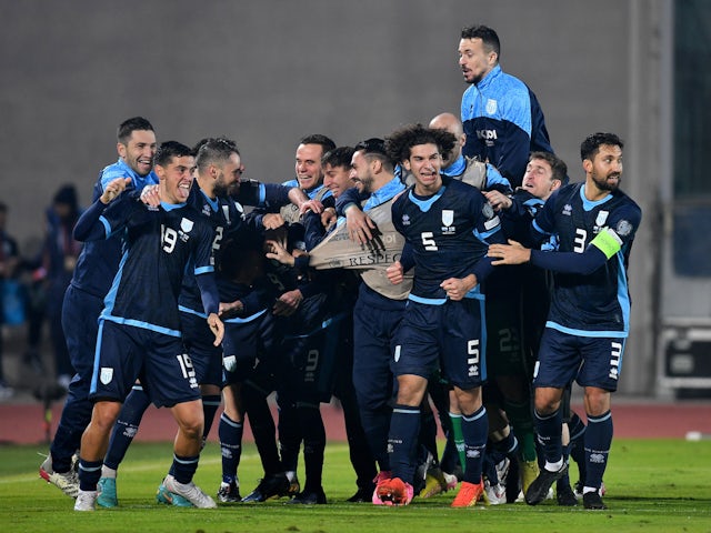 San Marino's Filippo Berardi celebrates scoring their first goal with teammates on November 20, 2023