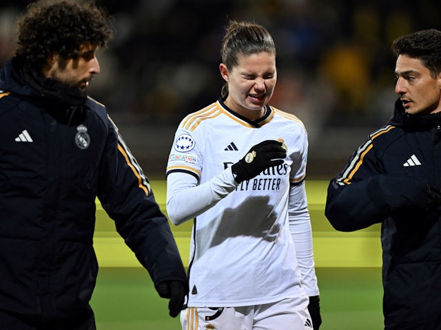 Real Madrid Women's Signe Bruun reacts after sustaining an injury on November 23, 2023