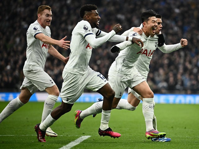 Tottenham Hotspur's Giovani Lo Celso celebrates scoring their first goal with Son Heung-min, Emerson Royal and Dejan Kulusevski on November 26, 2023