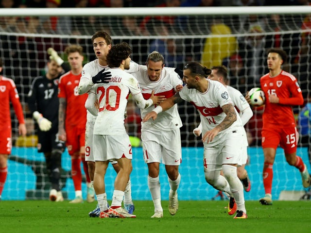 Turkey celebrate scoring a goal against Wales in their Euro 2024 qualifier on November 21, 2023.