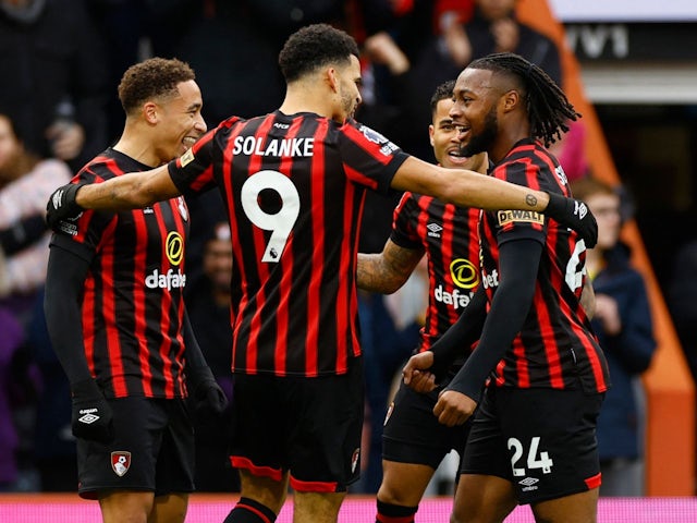 AFC Bournemouth's Antoine Semenyo celebrates scoring their first goal with teammates on December 3, 2023
