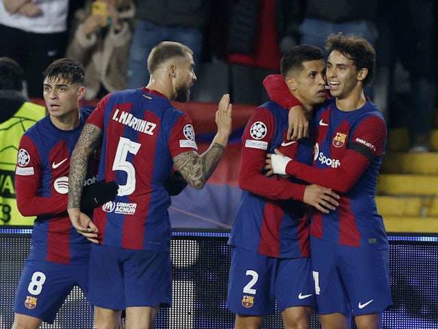 FC Barcelona's Joao Cancelo scores their first goal on November 28, 2023