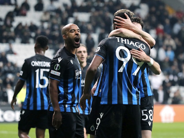 Club Brugge's Thiago celebrates scoring their second goal with Jorne Spileers on November 30, 2023