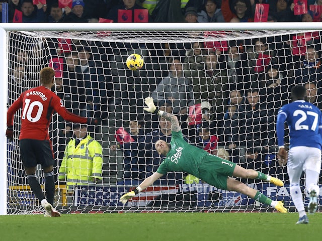 Manchester United's Marcus Rashford scores a penalty against Everton on November 26, 2023