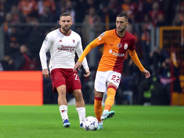 Galatasaray's Hakim Ziyech in action with Manchester United's Luke Shaw on November 29, 2023
