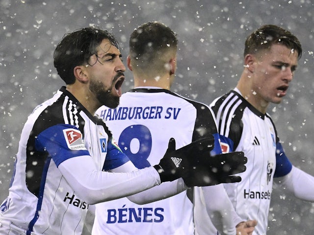 Hamburger SV's Immanuel Pherai celebrates scoring their second goal on December 1, 2023