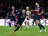 Paris Saint-Germain's Kylian Mbappe celebrates scoring their first goal on November 28, 2023