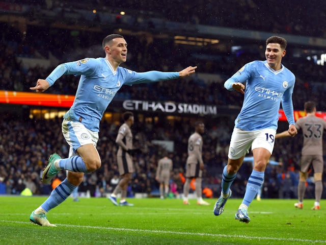 Manchester City's Phil Foden celebrates scoring against Tottenham Hotspur on December 3, 2023