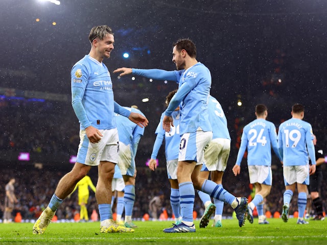 Manchester City's Jack Grealish celebrates scoring against Tottenham Hotspur on December 3, 2023