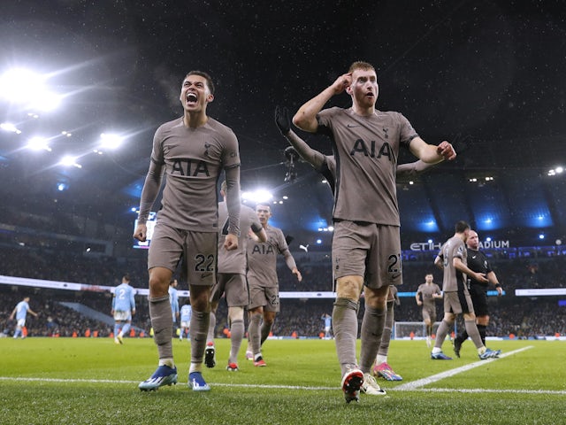 Tottenham Hotspur's Dejan Kulusevski celebrates scoring against Manchester City on December 3, 2023