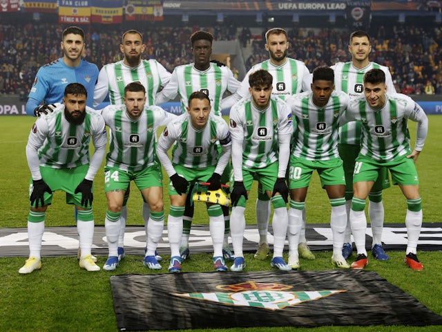 Real Betis players pose for a team group photo before the match on November 30, 2023