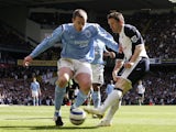 Tottenham's Robbie Keane in action with Manchester City's Richard Dunne on April 8, 2006