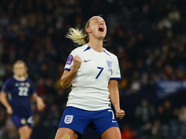 Beth Mead celebrates scoring for England Women on December 5, 2023