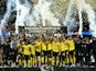 Columbus Crew hoist the trophy after their 3-2 extra time win over FC Cincinnati in the MLS Cup Eastern Conference Final on December 3, 2023