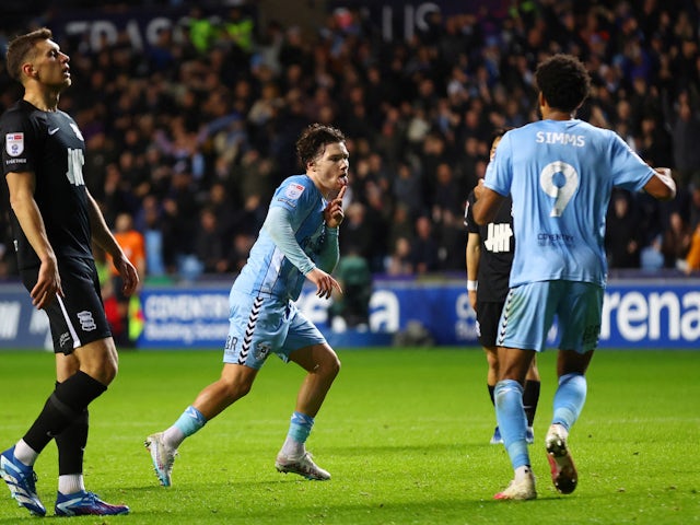 Coventry City's Callum O'Hare celebrates scoring their first goal on December 8, 2023