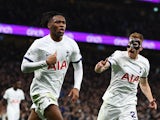 Tottenham Hotspur's Destiny Udogie celebrates scoring their first goal with Dejan Kulusevski on December 10, 2023