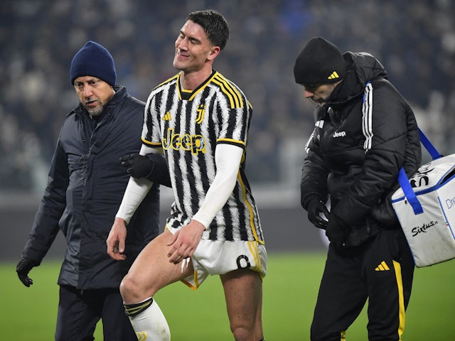 Juventus' Dusan Vlahovic after sustaining an injury on December 8, 2023