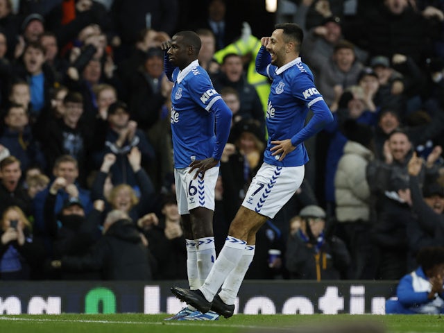 Everton's Abdoulaye Doucoure celebrates scoring against Chelsea on December 10, 2023