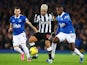 Newcastle United's Bruno Guimaraes in action with Everton's Abdoulaye Doucoure on December 7, 2023