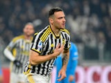 Juventus' Federico Gatti celebrates scoring their first goal on December 8, 2023