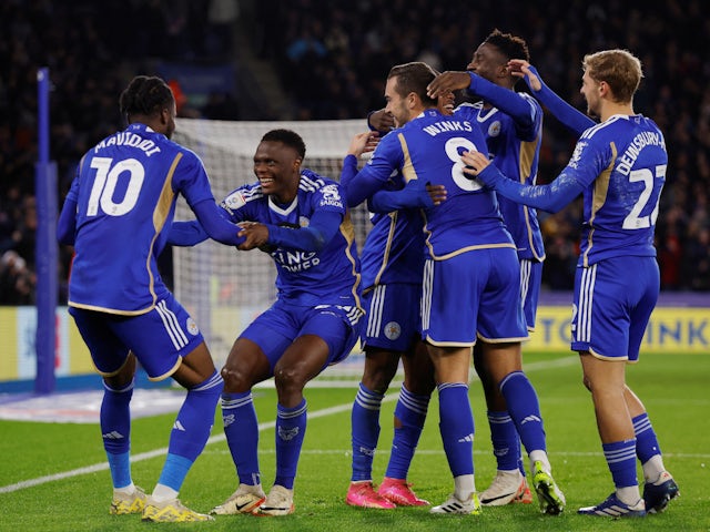 Leicester City's Patson Daka celebrates scoring their second goal with teammates on December 9, 2023