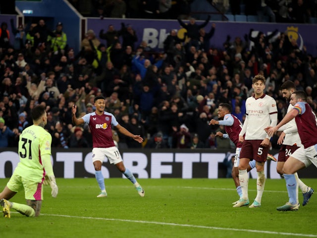 Aston Villa's Leon Bailey celebrates scoring their first goal on December 6, 2023