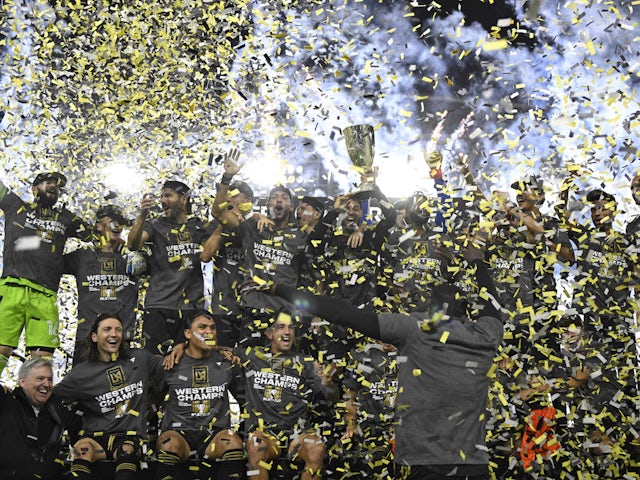 Los Angeles FC (LAFC) players react after defeating the Houston Dynamo for the MLS Cup Western Conference Final on December 3, 2023