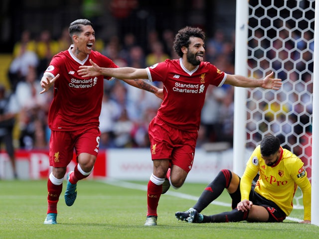 Mohamed Salah celebrates scoring for Liverpool against Watford on August 12, 2017