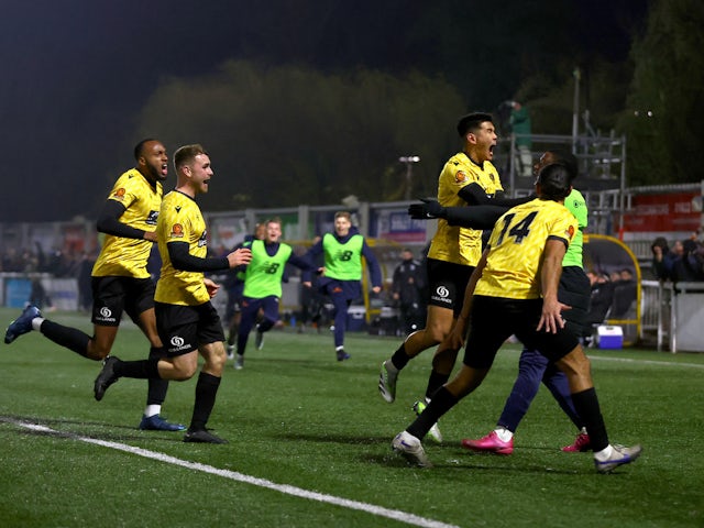 Maidstone United's Bivesh Gurung celebrates scoring their second goal on December 2, 2023