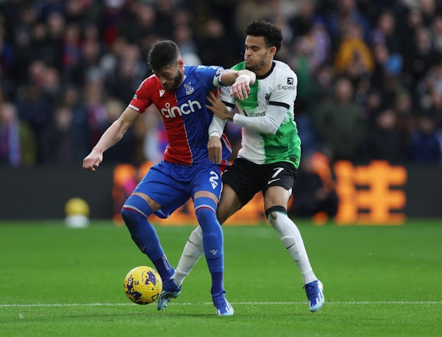 Crystal Palace's Joel Ward in action with Liverpool's Luis Diaz on December 9, 2023