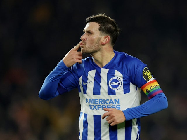 Brighton & Hove Albion's Pascal Gross celebrates scoring their first goal on December 6, 2023