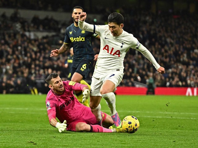 Newcastle United's Martin Dubravka fouls Tottenham Hotspur's Son Heung-min to concede a penalty on December 10, 2023