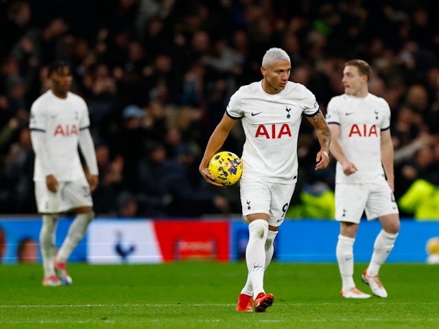 Tottenham Hotspur's Richarlison reacts after West Ham United's James Ward-Prowse scores their second goal on December 7, 2023