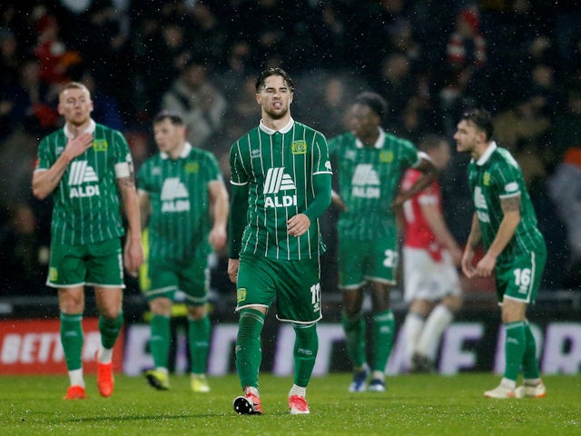 Yeovil Town's Jordan Young looks dejected on December 3, 2023