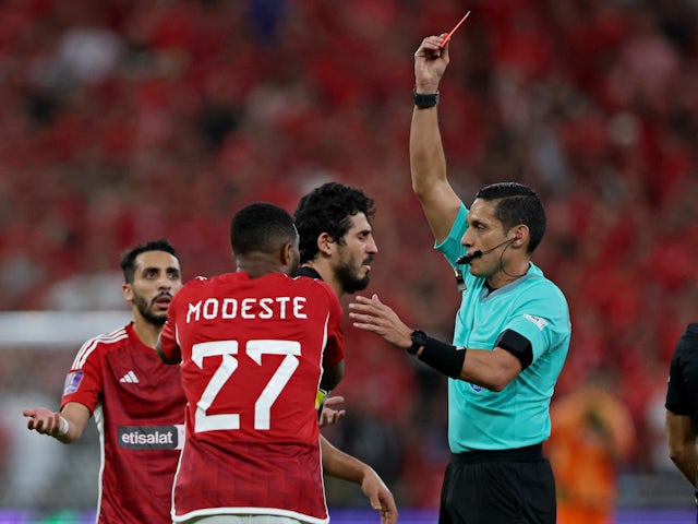 Al Ahly's Anthony Modeste is shown a red card by referee Jesus Valenzuela on December 15, 2023