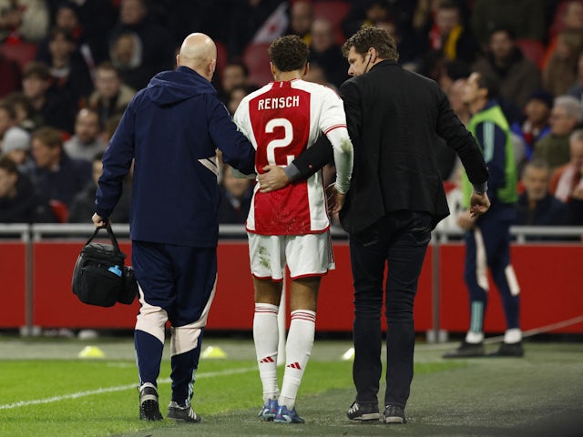 Ajax's Devyne Rensch after sustaining an injury on December 14, 2023