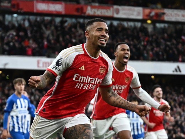 Arsenal's Gabriel Jesus celebrates scoring their first goal on December 17, 2023